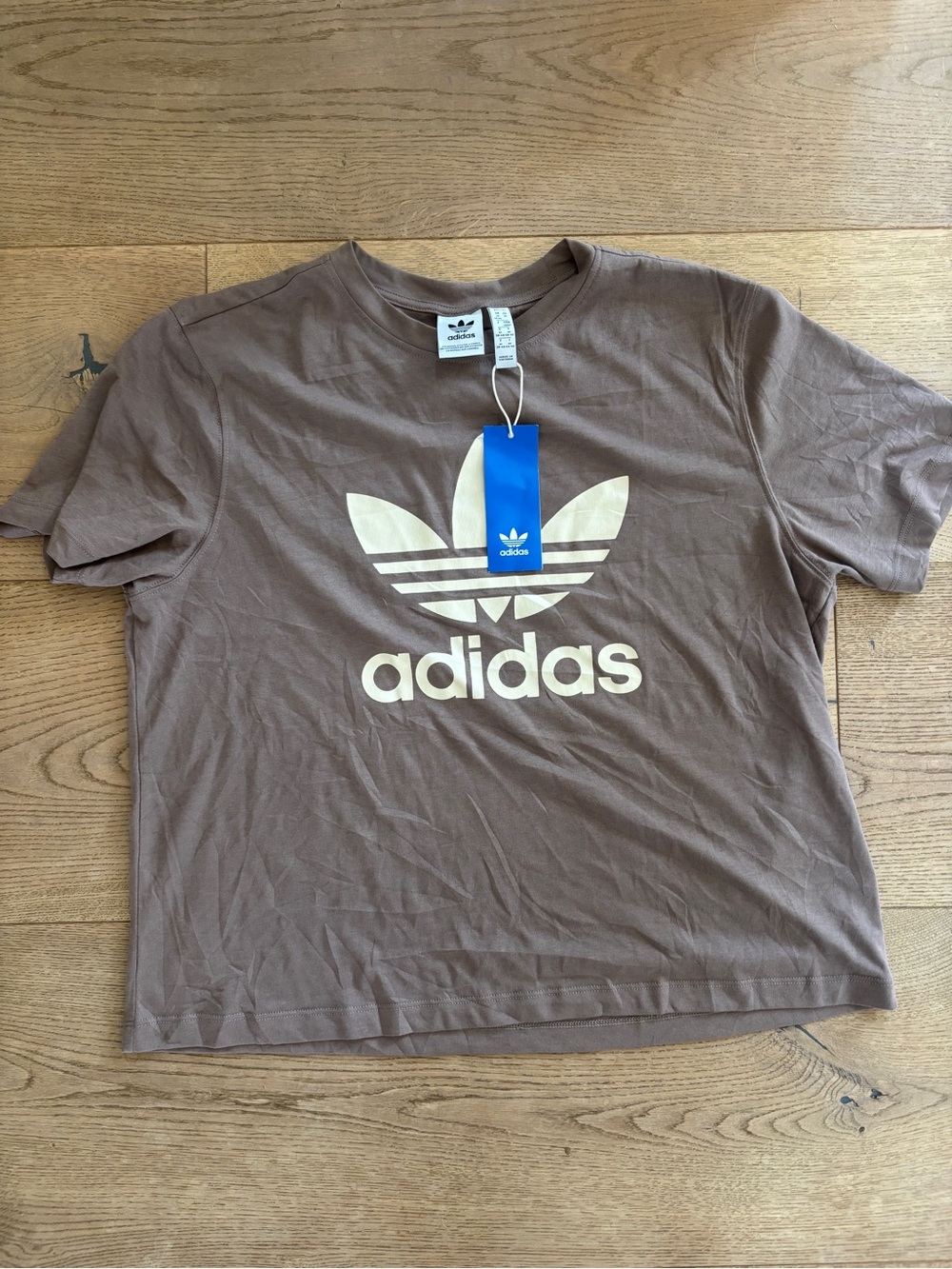 NWT adidas Taupe Brown Boxy T-Shirt with Cream Trefoil Logo, M